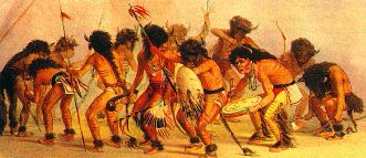 Pintura de George Catlin (1832), ilustra una danza ritual indígena con máscaras de búfalo.